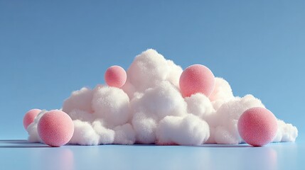 Fluffy white cloud with pink spheres on a light blue surface