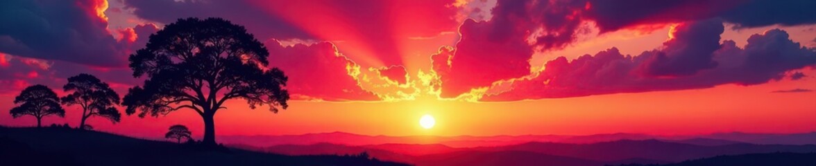 Silhouetted trees against vibrant sunset, colorful sky, landscape, red, beautiful