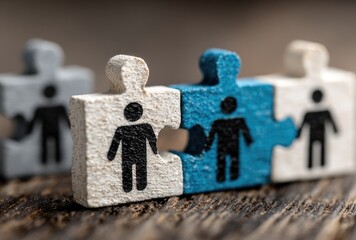 Four small wooden puzzle pieces, two joined, depict people