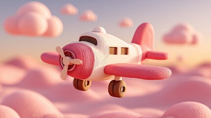 Pink airplane floats on fluffy clouds