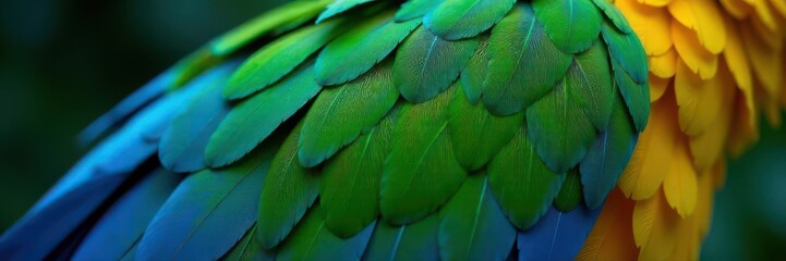 Obraz premium Vibrant blue, green, yellow macaw feathers; intricate detail , feather, smooth