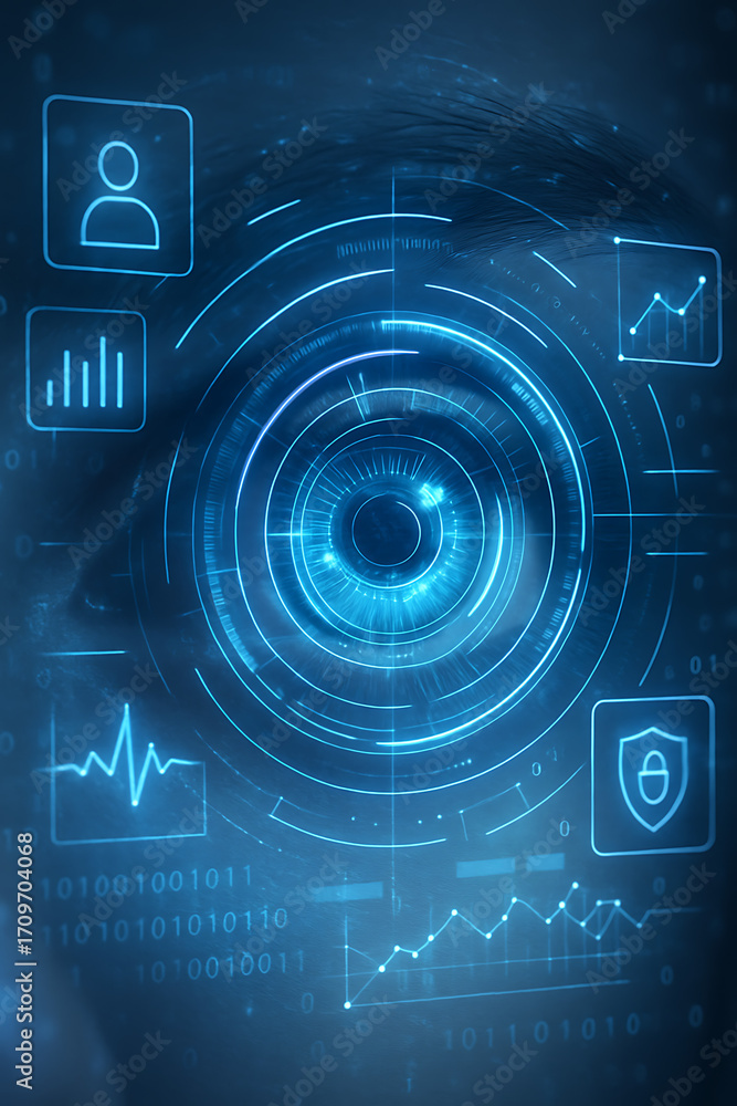 Poster a close-up of a human eye with futuristic digital interfaces overlayed, displaying data, charts, sec