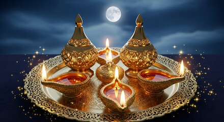 Lakshmi Puja banner Kojagari, traditional puja thali, full moon rising, sparkling oil lamps