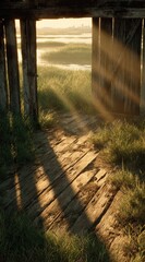Rustic sunrise through weathered barn