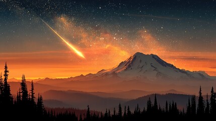 Fiery meteor streaks across a mountain sunrise