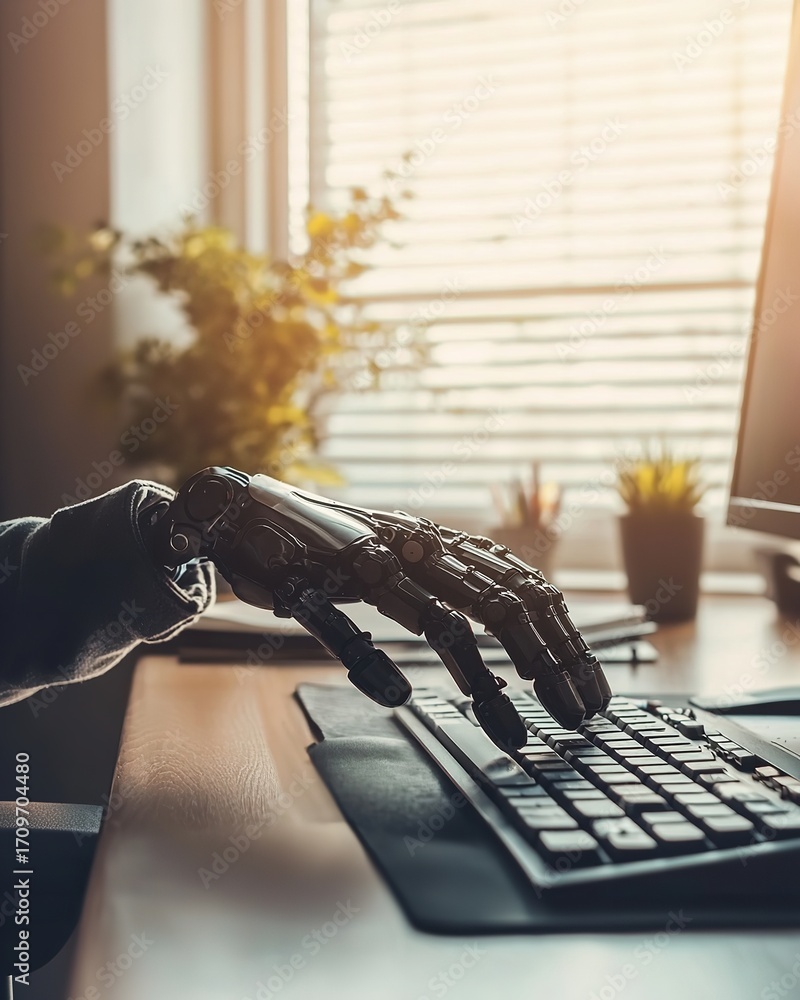 Aufkleber futuristic robotic hand typing on a modern keyboard symbolizing ai and automation in the workplace b