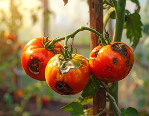 Ripe tomatoes affected by blossom end rot, showing a close-up view