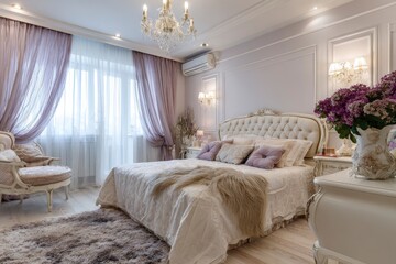 Fototapeta premium Ornate bedroom features a tufted headboard bed light purple curtains and a crystal chandelier