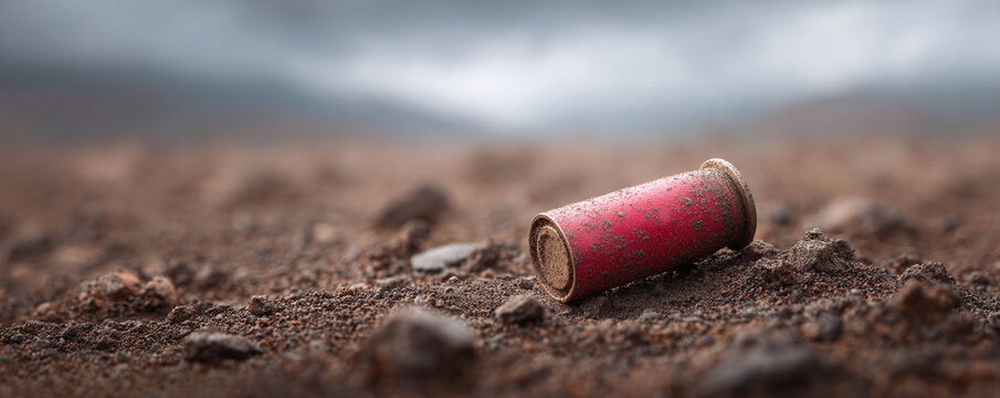 A spent red shotshell resting on barren, rocky ground under a moody sky. Symbolizes hunting, outdoors, or consequences.  Ideal for editorial, documentary, or conceptual projects.