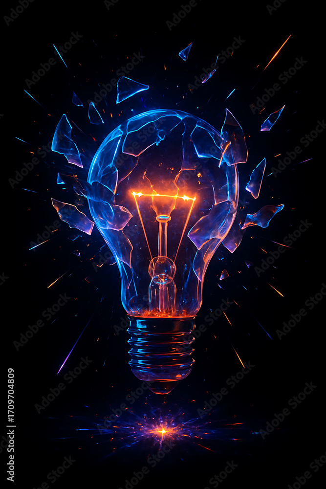 Poster glowing light bulb with shards of glass exploding outward on a black background symbolizing a breakt