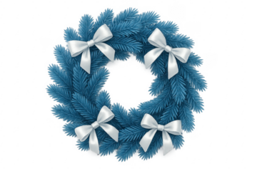 Christmas wreath with blue fir branches and white silk ribbons on transparent background