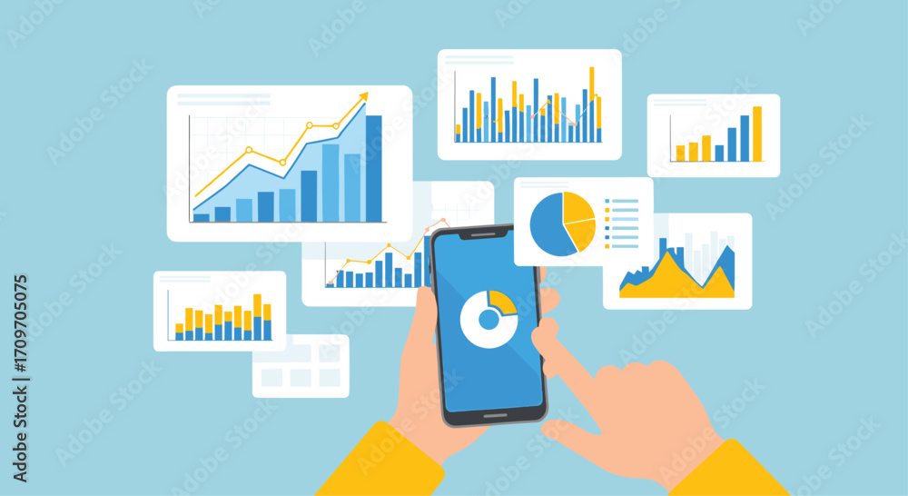 Aufkleber smartphone analyzing financial data with charts and graphs for business insights