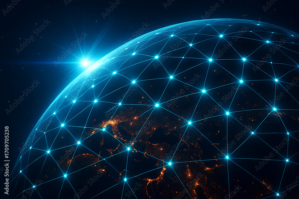 Poster Global network connectivity a blue glowing grid of data lines wraps around the earth's surface showing interconnected digital communication and futuristic technology