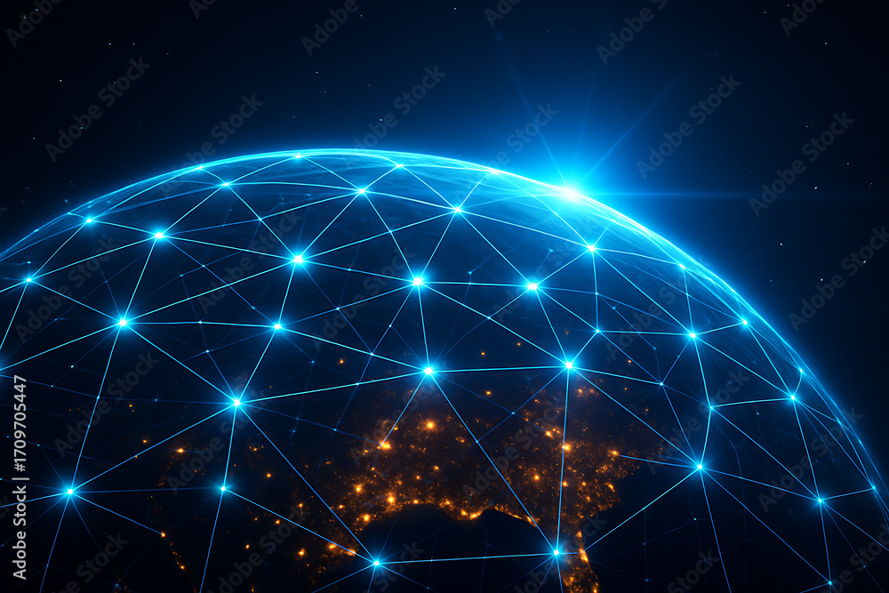 Poster global network connectivity a glowing grid of data lines wraps around the earth's surface showing in