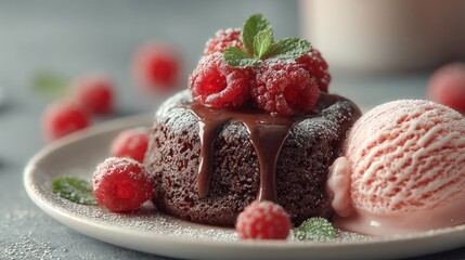 Chocolate lava cake with raspberries and ice cream (1)