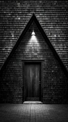 Dark, triangular roof, lit door