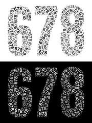Typography illustration of 678 made from repeating numbers in black and white