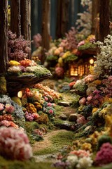 Floral woodland path, lit cabin