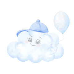 A cloud with eyes in a blue cap holds balloon. Watercolor illustration. Funny cloud smiles, isolated on white background. For children's printing and textiles, for packaging, invitations and postcards