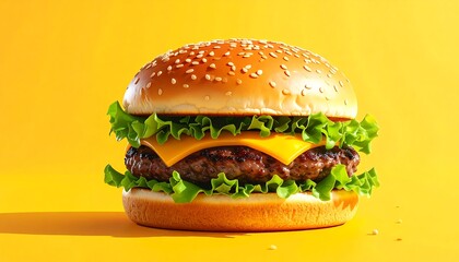 Delicious Cheeseburger with Fresh Lettuce and Sesame Seed Bun.
