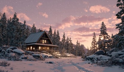 Snowy mountain cabin at dawn (1)
