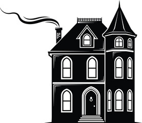 Vintage Haunted Victorian House Illustration with Chimney Smoke – Spooky Halloween Silhouette Vector for Posters, Stickers, Invitations and Decorations