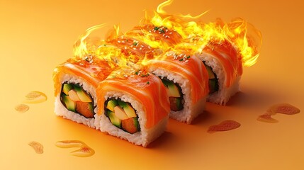A vibrant sushi roll with a fiery topping, showcasing a blend of fresh ingredients and a striking orange background.