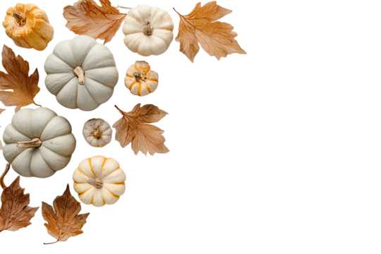 Pumpkins and leaves in autumnal colors