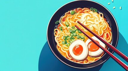A vibrant bowl of ramen noodles topped with green onions and soft-boiled eggs, served with chopsticks against a bright blue background.