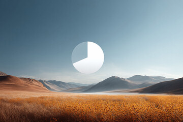 Scenic landscape with pie chart overlay. Data visualization concept. Business, progress, and development theme. Serene, peaceful, and visually striking image.