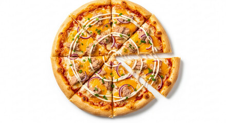 A single, whole tuna and onion pizza with one slice slightly pulled out.