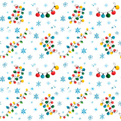 Seamless pattern of snowflakes and Christmas garlands. Hand drawn watercolor illustration. holiday, new year, christmas, lanterns, garland, snowflake, winter, lights