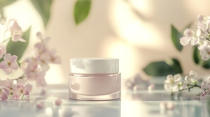 Luxurious skincare cream jar elegantly presented with delicate blossoms and soft natural light promoting beauty and wellness, Generative AI.
