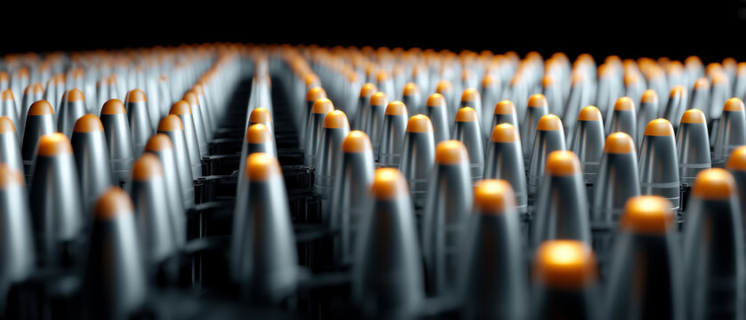 Ballistic missiles arranged in rows representing a stockpile of missiles. Close-up view of warheads and casings highlighting military ordnance and industrial scale