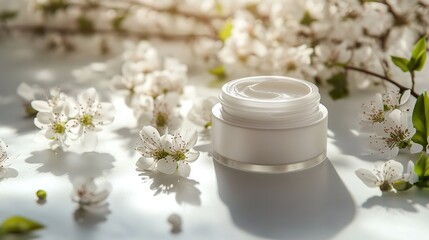 Luxurious white cream jar nestled amongst delicate white blossoms evoking purity and natural beauty for skincare advertising, Generative AI.