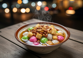Immersive Wedang Ronde hot ginger dessert in angkringan setting — traditional Indonesian street food drink served on table with blurred roadside background