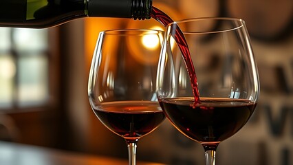 Elegant close-up of two wine glasses being filled from a bottle with a rustic backdrop.