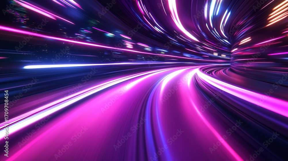 Poster dynamic neon light tunnel streaking through futuristic cityscape conveying speed and innovation for 