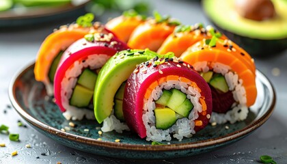 Colorful sushi rolls with rice and vegetables served on plate