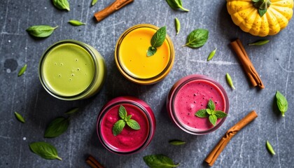 Flat lay of refreshing vegan drinks: glass jars of matcha latte, golden turmeric milk