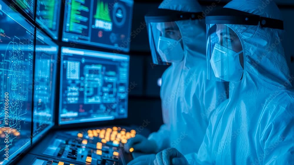 Poster man scientist finger points at digital screen. engineer operator working in control room wearing pro