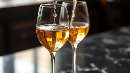 Fototapeta premium Two wine glasses with golden liquid pouring, elegant condensation on dark marble surface.