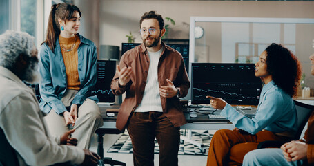 Trading, team and meeting with talking in office for crypto news, currency price update or results. Trader dashboard, people and discussion with graph for market analysis, internal strategy or advice