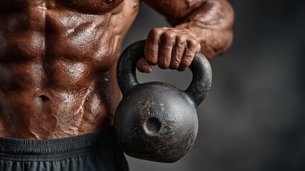 A muscular and sweaty man displays his toned physique while holding a heavy kettlebell du an intense workout session to show off his impressive strength and power.