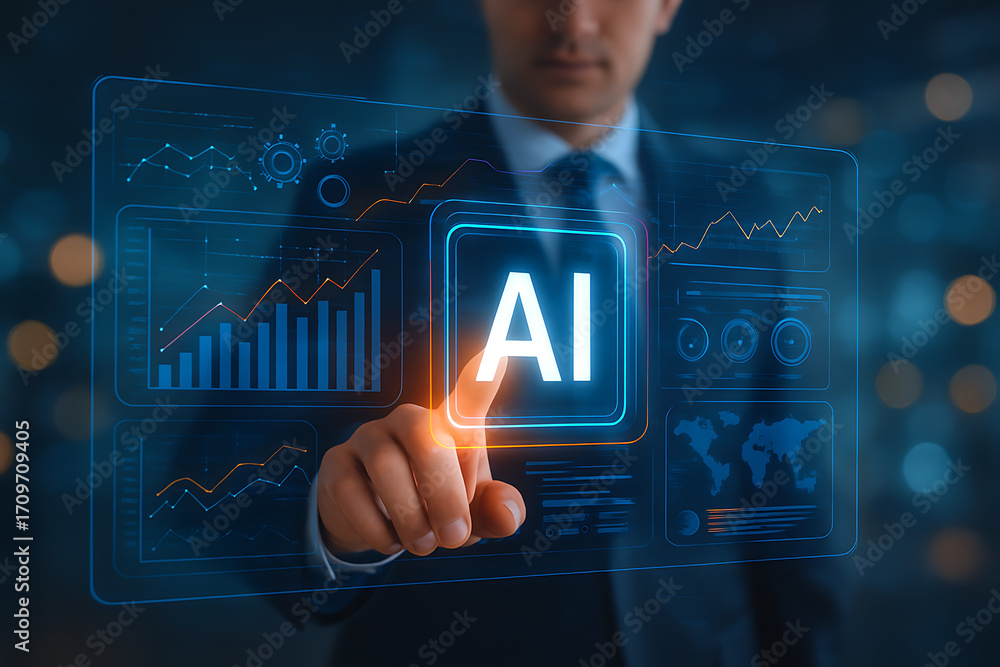 Poster a business professional points to a futuristic holographic screen displaying various data charts, gr