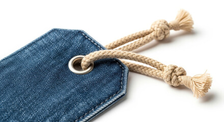 Macro Shot of a Denim Tag with Beige Rope on White Background