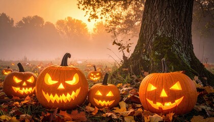 Halloween pumpkins glowing in field at dusk. Carved pumpkins in outdoor autumnal spooky scene with forest in background