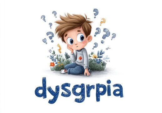 Child with thoughtful expression, surrounded by question marks and floral elements,  sitting and pondering dysgraphia