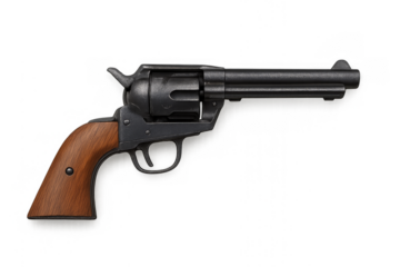 Vintage Firearm: A meticulously crafted, antique revolver with a wooden grip rests, its timeless design. This detailed photograph encapsulates the essence of a classic firearm.