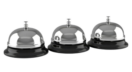 Obraz premium Three shiny silver service bells with black bases isolated on transparent background